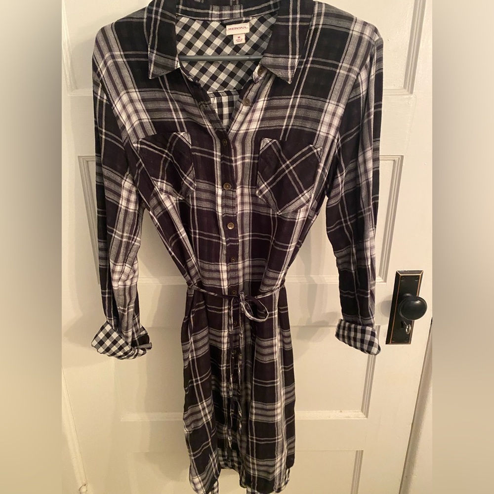 Plaid button up dress with tie at waist